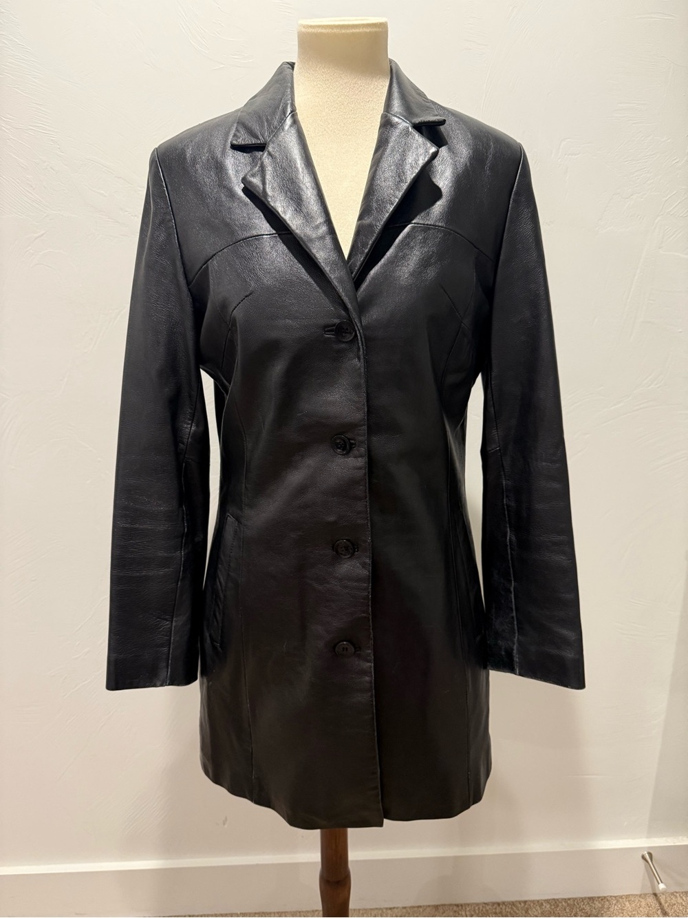 Vintage Wilsons Leather Pelle Studio Black Leather Insulated Midi Car Pea Coat